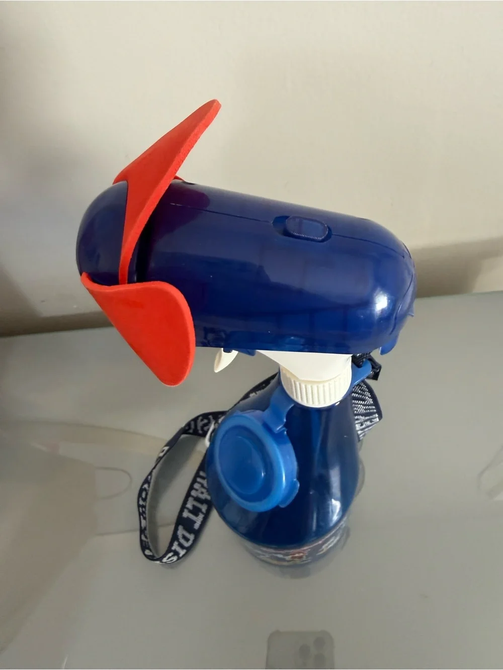 Disney Blue Kids Spray Fan Bottle with Red Blades and Lanyard